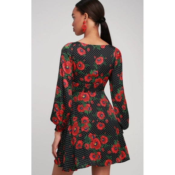 FREE PEOPLE Morning Light Satin Mini Dress in Black Poppy Floral/Polka Dot Sz 8 - Picture 9 of 16